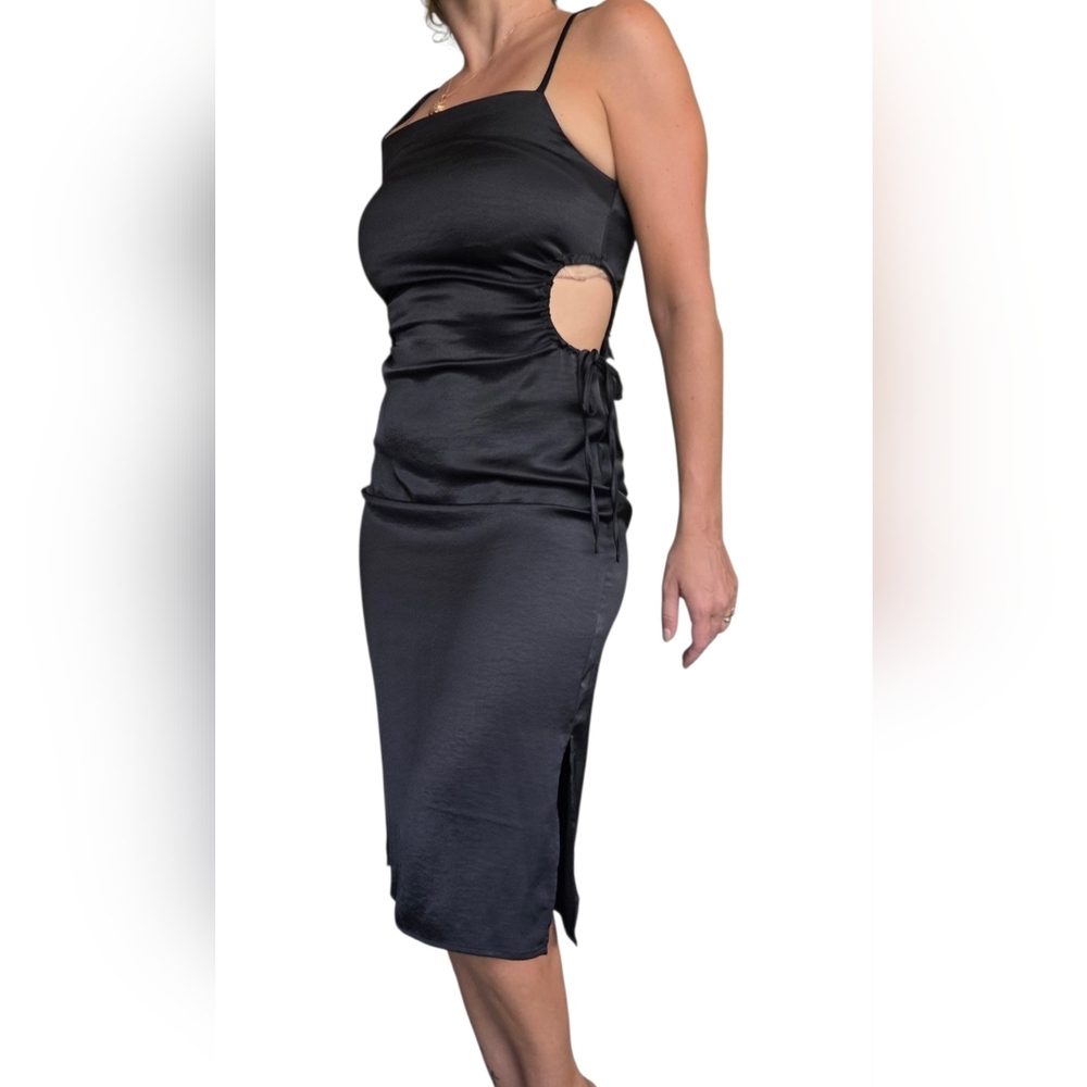 HOUSE OF HARLOW Satin Black Midi Slip Dress Small Side Keyhole Cutout Cocktail - Picture 10 of 12